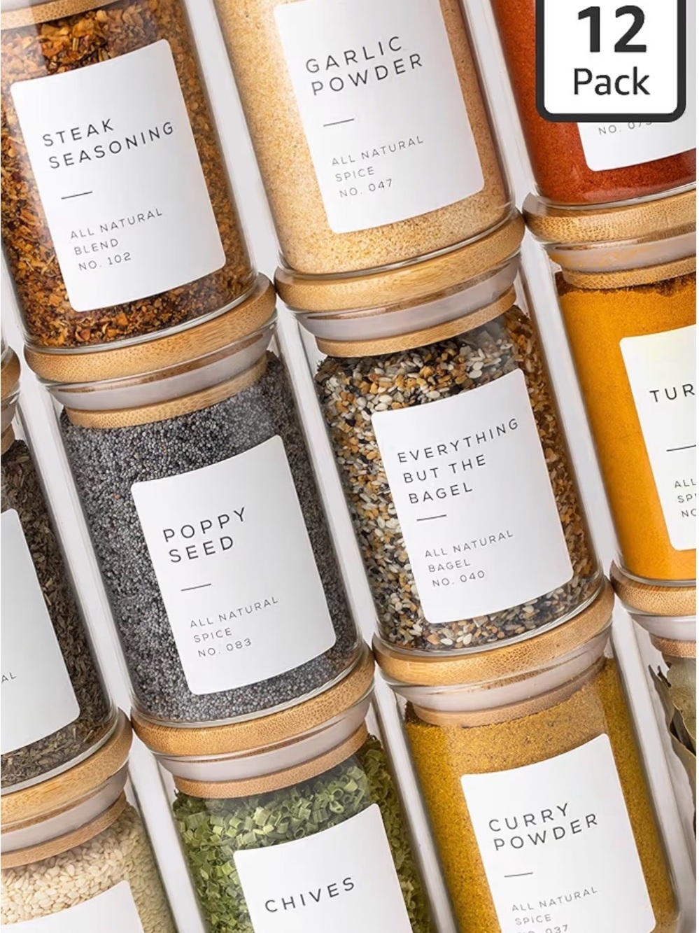 Bloomondo Empty Spice Jars with Label Pack (12x Bamboo Lid Glass Jar) - Picture 2 of 7